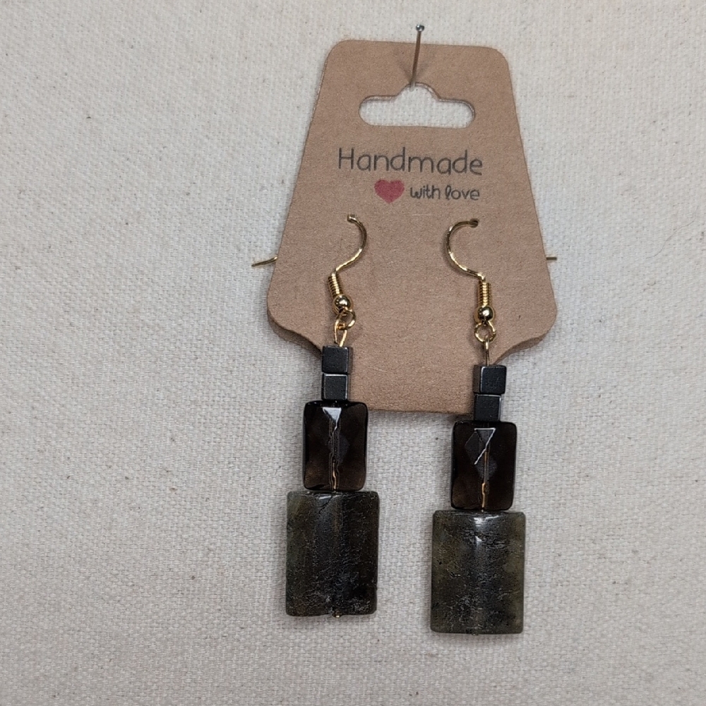 Labradorite, Smoky Quartz & Hematite Drop Earrings 18k Plated Posts -Handmade